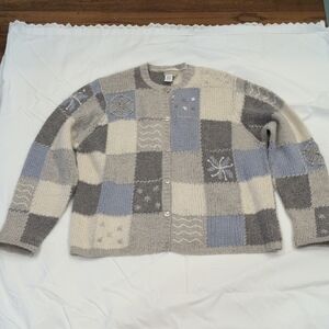 Coldwater Creek Patchwork Cardigan - Cream, Gray, and Blue